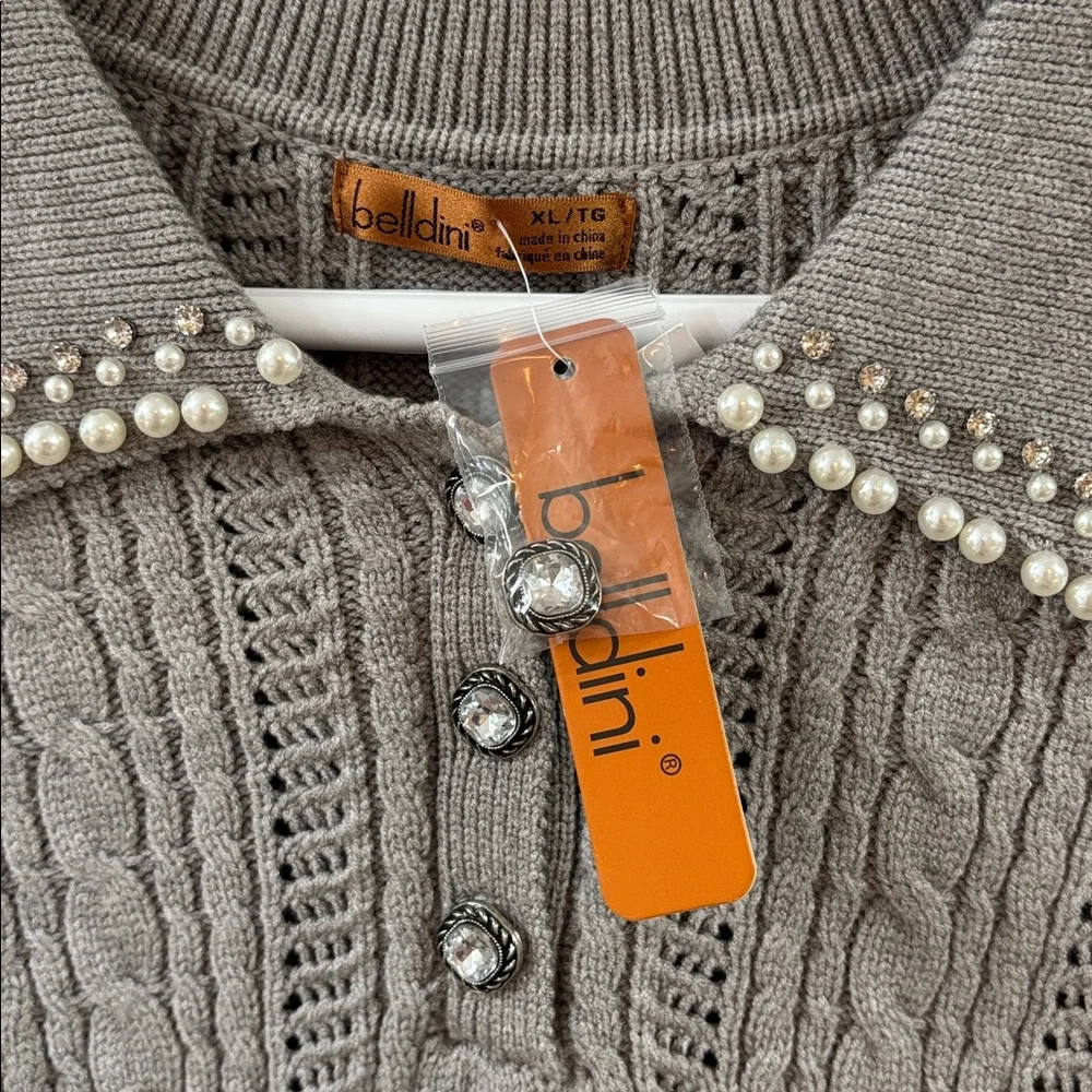 NWT Belldini Pearl and Rhinestone Grey Gray Sweater Top Bling - Picture 3 of 6